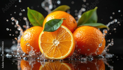Vibrant orange fruit with splash fresh water. Juicy citrus slice, refreshing drink concept. Drops dynamic motion. Healthy food, vitamin C. Isolated black background. Summer, tropical appetence.