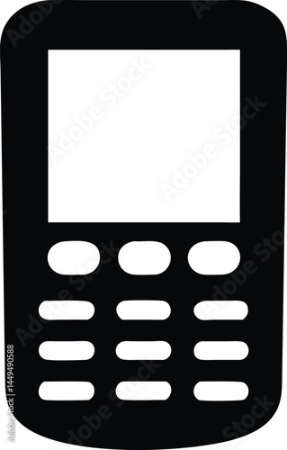 A classic black cellular phone featuring rectangular screen and button arrays is presented here