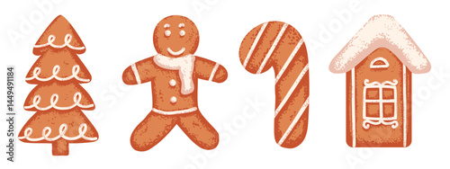 Set of Christmas gingerbread decorated with icing. Holiday flat illustration with grainy noise texture