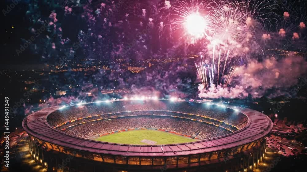 Packed stadium illuminated by dazzling fireworks lighting up the night sky, capturing the spirit of victory and mass celebration
