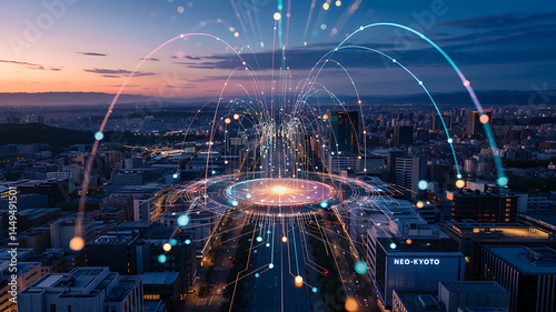Futuristic Neo Kyoto City glowing vibrant digital network connectivity