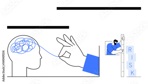 Hand untangling thread from head symbolizes problem-solving, man measuring blocks labeled risk. Ideal for psychology, decision-making, leadership, innovation, strategy, brainstorming, simple landing