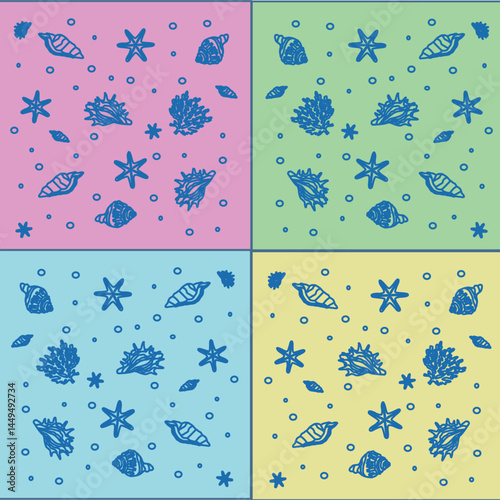 Vector doodle-style illustration of the ocean floor with shells, seaweed, and bubbles