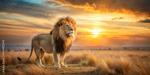Majestic lion standing alone in the savannah at sunset with golden light illuminating its fur, king of beasts