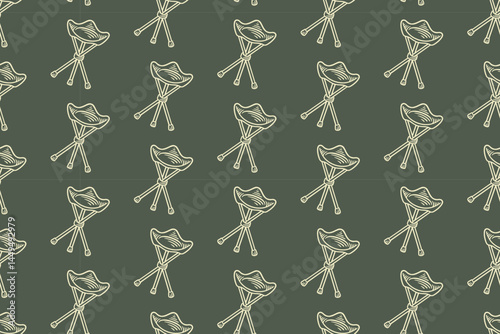 outdoor chair doodle seamless pattern on green background for adventure merchandise. camping seat engraving pattern background. retro portable folding chair picnic hatching illustration wallpaper