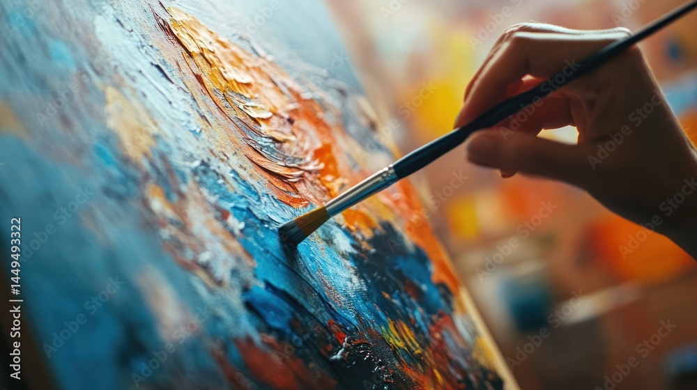 Obraz premium A hand applying vibrant impasto paint strokes to a canvas.