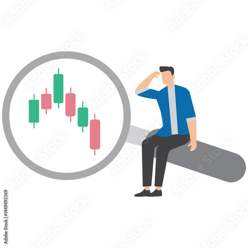 Businessman examine candlestick chart with magnifying glass symbolizing technical stock market analysis