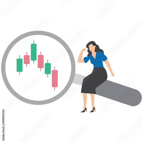 Businesswoman examine candlestick chart with magnifying glass symbolizing technical stock market analysis