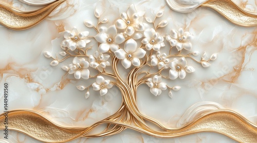 Ornate white flower tree on gold marbled wall