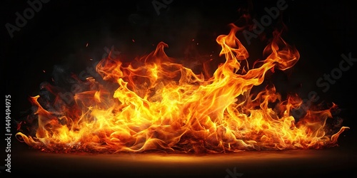 A blazing hot flame with a fiery glow on a dark and mysterious black background, surrounded by intense heat and light effects , dark