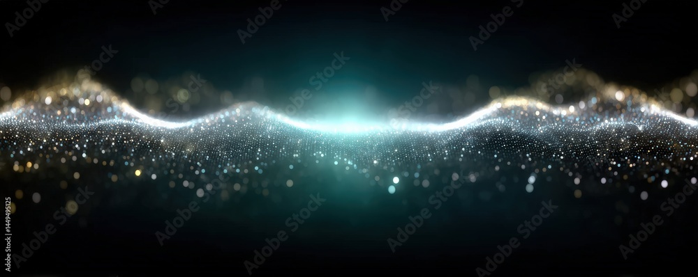 Obraz premium Abstract wave of shimmering light with sparkling particles against a dark background.