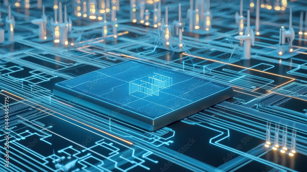 Fototapeta premium Futuristic ai command station cyber city digital art high-tech environment aerial view hyperrealistic visualization