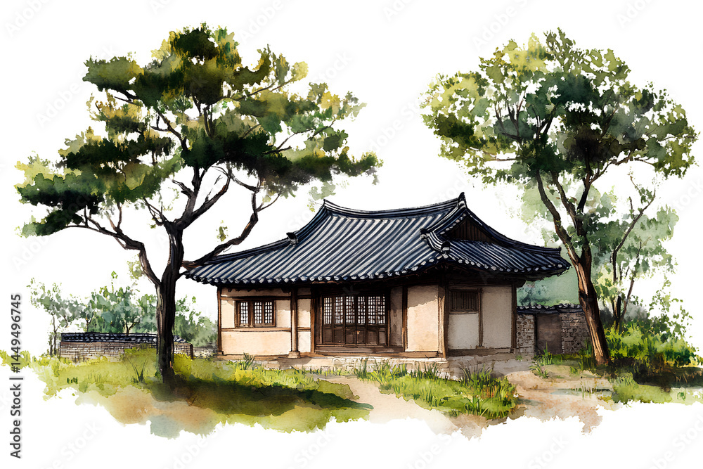 Korean village, trees and grass in front of it, PNG clipart with transparent background Korean village, trees and grass in front of it, PNG clipart with transparent background