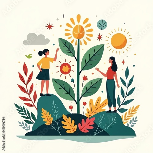 an image of two people standing in front of a plant, there is a woman standing next to a plant with a sun and a bird