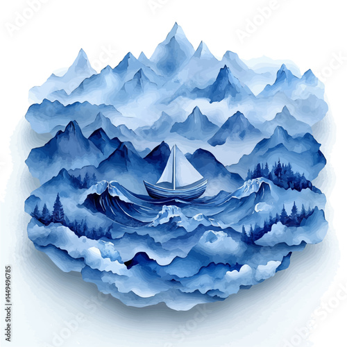 illustration of Paper Boat In Stormy Waves, watercolor vector, isolated on a white background.