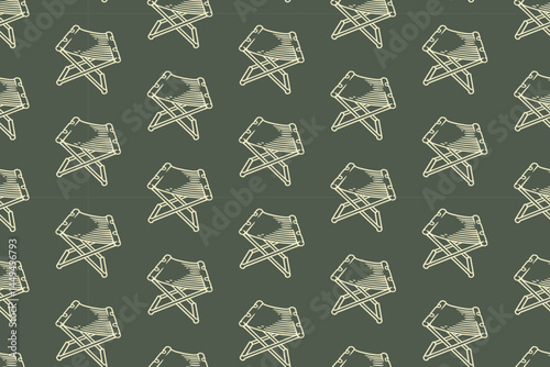 camping chair doodle seamless pattern on green background for adventure merchandise. outdoor seat engraving pattern background. retro portable folding chair picnic hatching illustration wallpaper