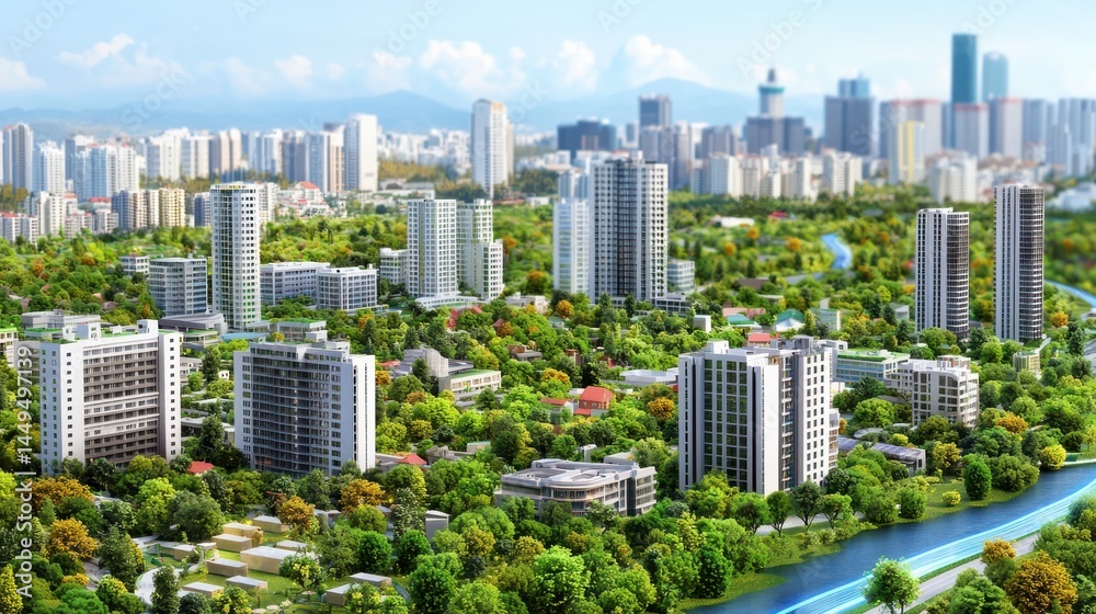 Fototapeta premium Exploring a hyperrealistic ai-driven green city urban landscape eco-friendly environment aerial view