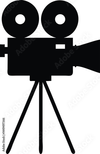 An oldfashioned cinema camera is featured, standing proudly on its sturdy tripod support