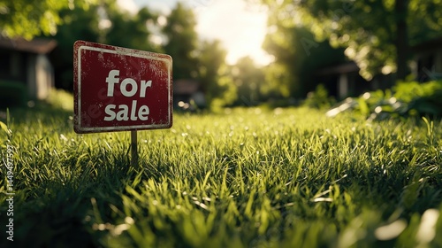 Rustic, weathered property sign announcing a vacant lot for sale.