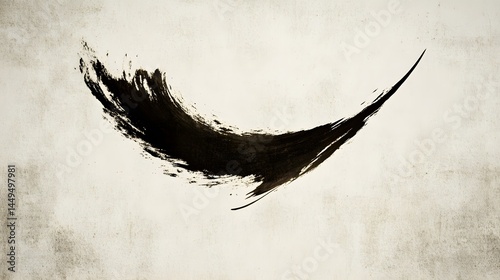 Abstract Black Ink Brush Stroke on Beige Texture Background