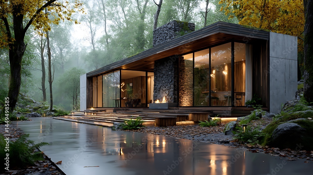 Sleek modern house nestled in misty, autumn forest Sleek modern house nestled in misty, autumn forest