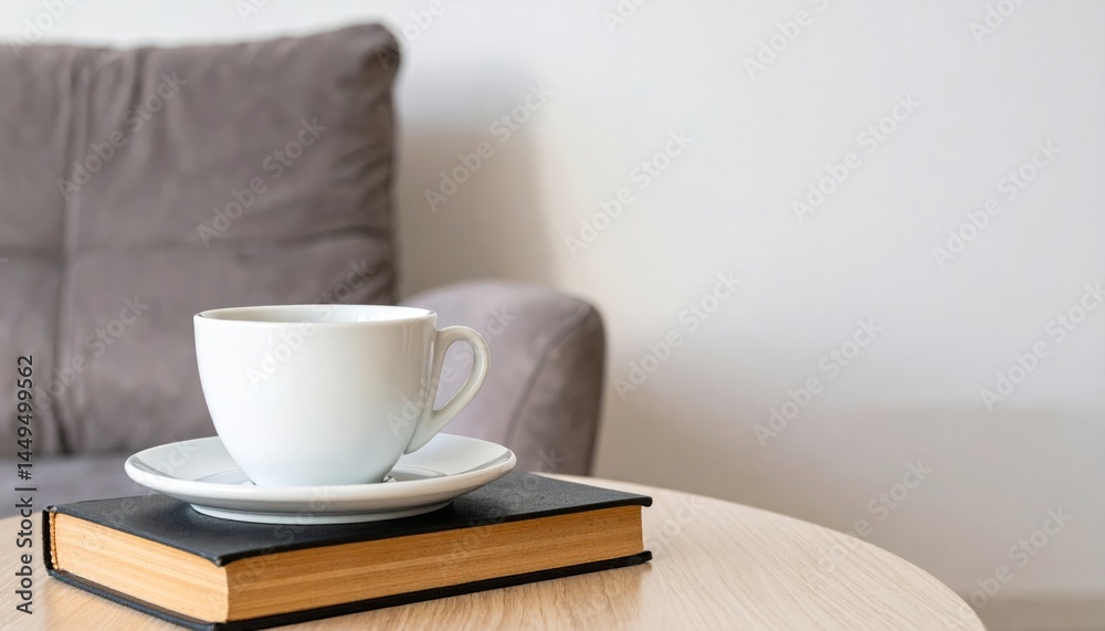 Cozy Coffee Cup on Table with Book and Sofa Cozy Coffee Cup on Table with Book and Sofa