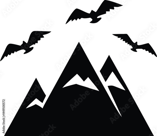 Black silhouette mountains with snowy peaks and three birds fly above, isolated against white