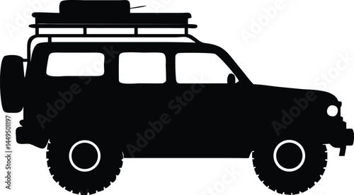 Black silhouette of a fourwheel drive vehicle with luggage rack shows great mobility