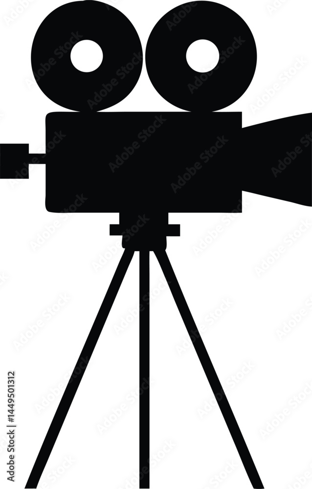 Obraz premium Black silhouette of classic movie camera placed on stable tripod stands against white background