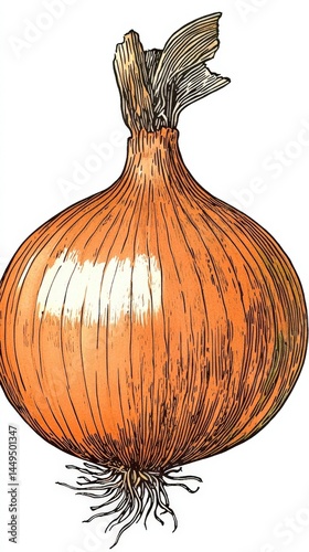 Vintage Illustration of a Single Onion with Roots