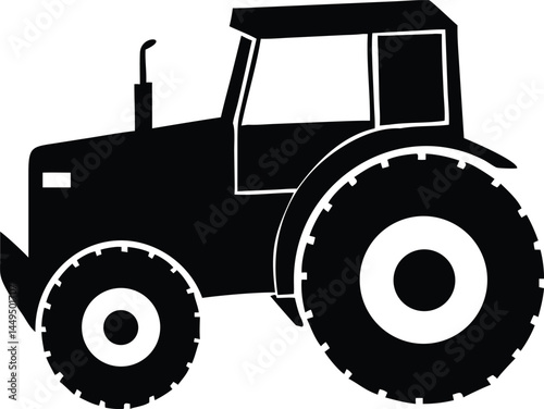 Black silhouette reveals a robust farm tractor on a white backdrop
