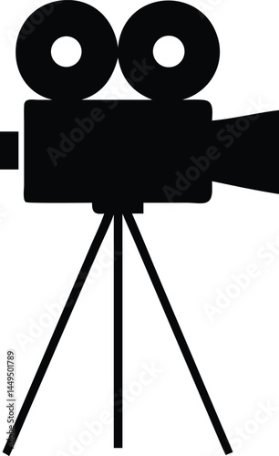 Black silhouette portrays a classic film camera supported by a steady tripod stand