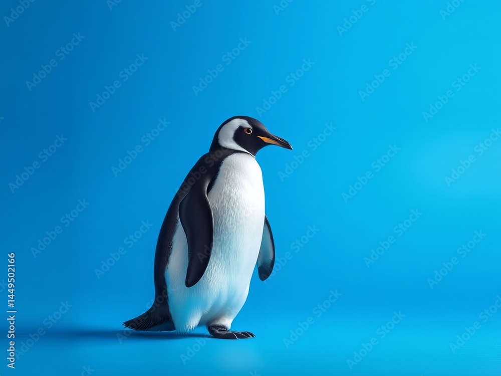 Fototapeta premium an image of a penguin standing on a blue surface, there is a penguin standing on a blue surface with a blue background