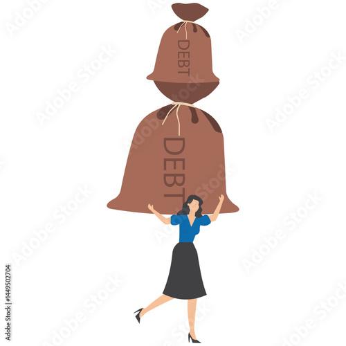 Tired businesswoman carry giant money bag labeled Debt symbolizing heavy burden of financial obligation