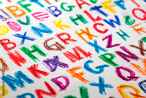 A close-up, slightly angled shot of a white textured surface covered in hand-drawn capital letters of the English alphabet, colored vibrantly with various crayons or colored pencils.