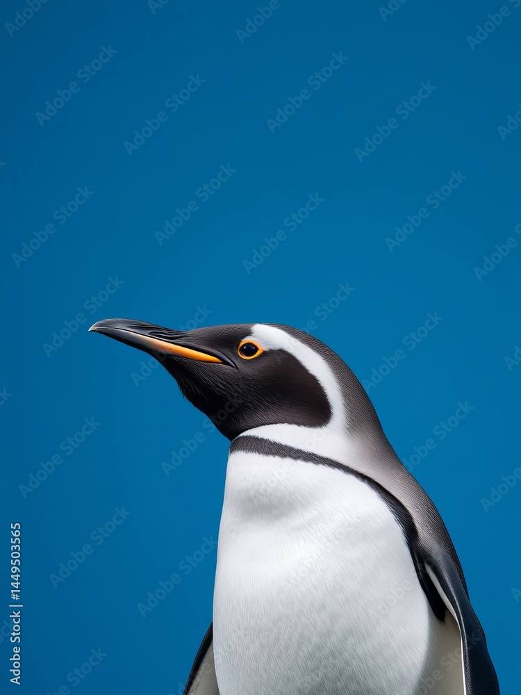 Obraz premium an image of a penguin standing on a rock with a blue sky in the background, there is a penguin that is standing on a rock with a blue sky in the background