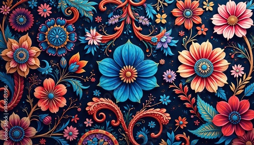 Intricate paisley floral pattern in vibrant hues, fabric, texture, floral