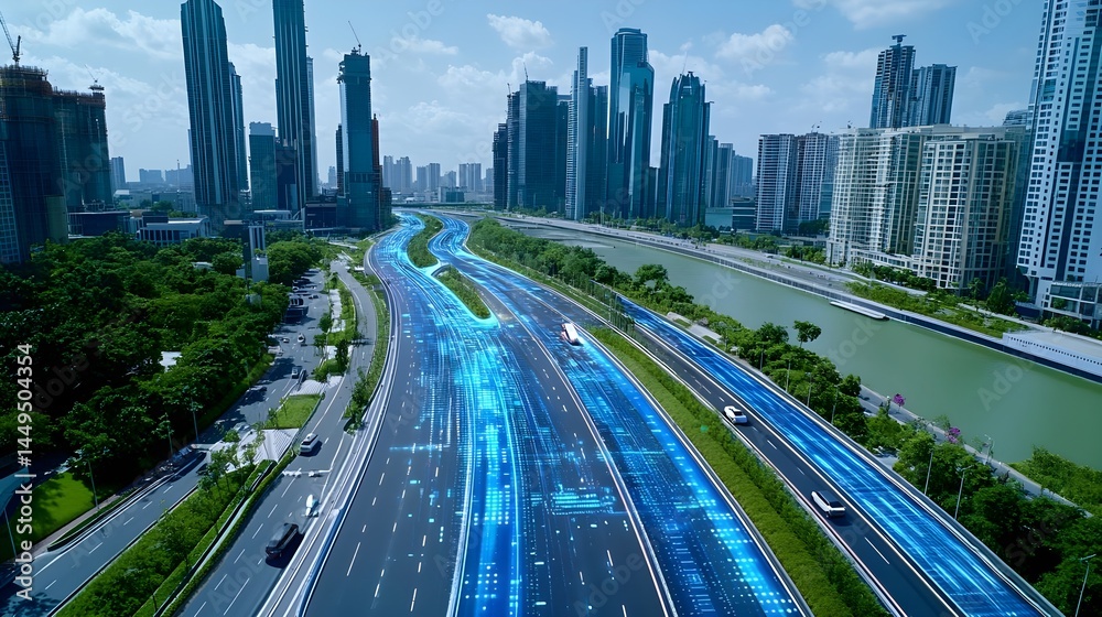 Fototapeta premium Smart City Highway: Autonomous Vehicle Tech - Smart Cities
