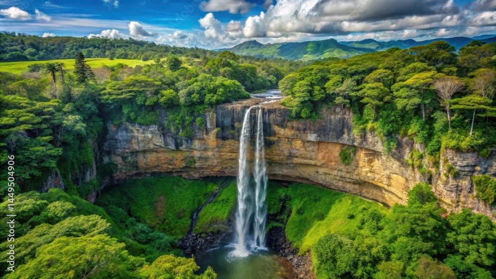 Top view of Chamarel Waterfall in a tropical island, serenity, scenery, serenity, scenery, shadow, trees, outdoor Top view of Chamarel Waterfall in a tropical island, serenity, scenery, serenity, scenery, shadow, trees, outdoor
