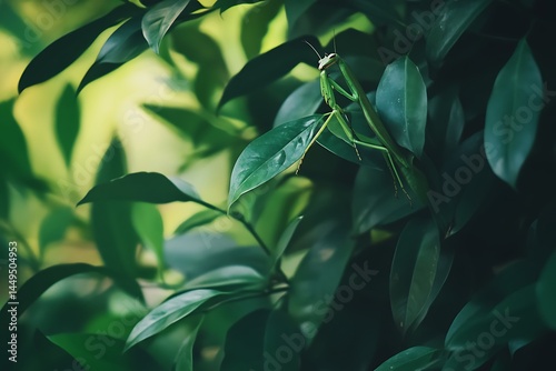 Praying mantis camouflaged in leafy background