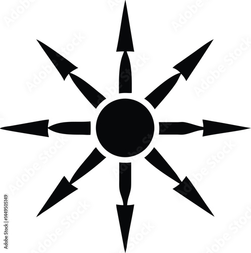 Eight arrows radiate outward from the central circle in stark black monochrome