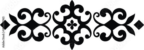 Elegant floral scrolls and diamond shapes form a symmetrical decorative motif in black