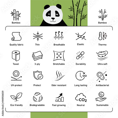 Set icons for bamboo fabric, clothing. This icons shows main benefits of bamboo materials. Vector elements are good for different backgrounds, well scalable and editable. EPS10.