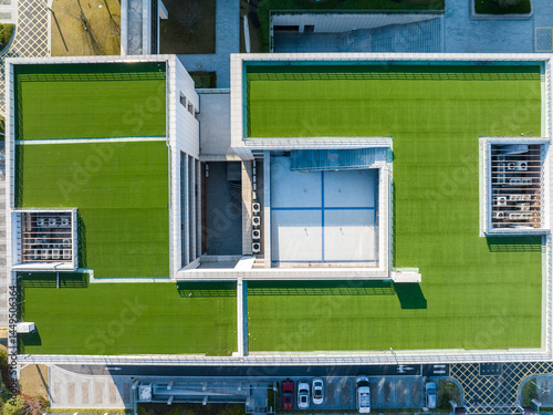 Aerial View of Clean Rooftop with Lawn photo