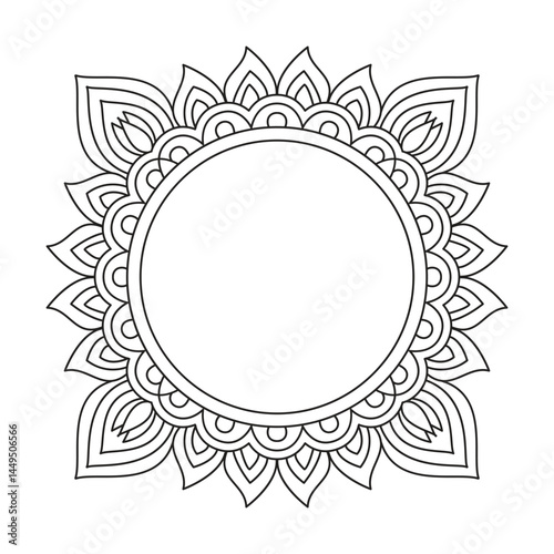 Spiraling Floral Waves Mandala in Black and White Coloring Book Page