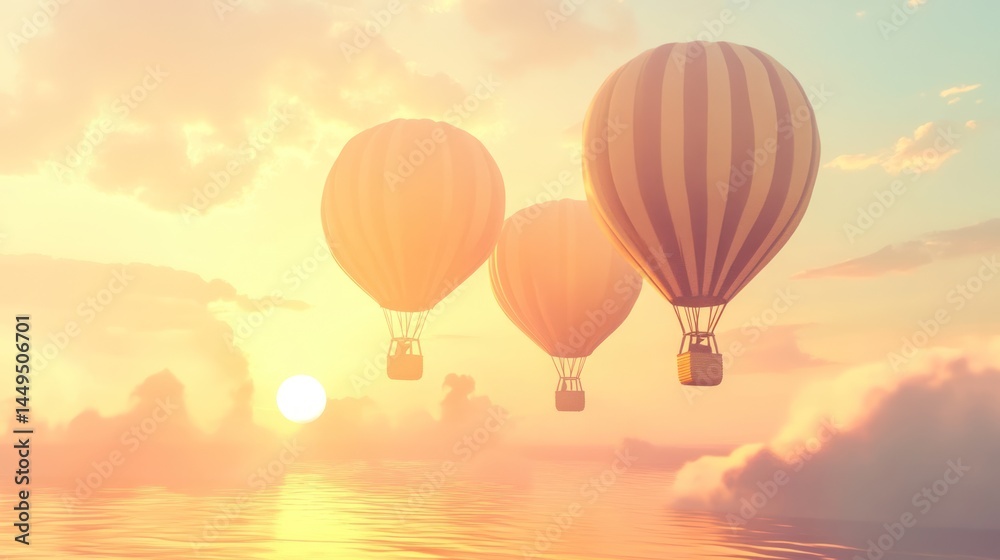 Naklejka premium Three hot air balloons soar through a serene sunrise sky.