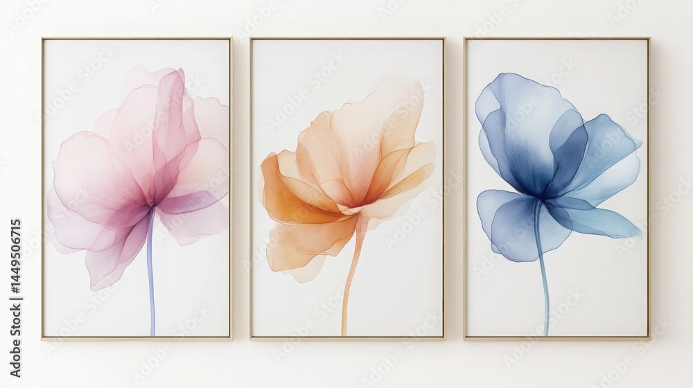 Abstract watercolor painting with three flower shapes in different colors on a white background Abstract watercolor painting with three flower shapes in different colors on a white background