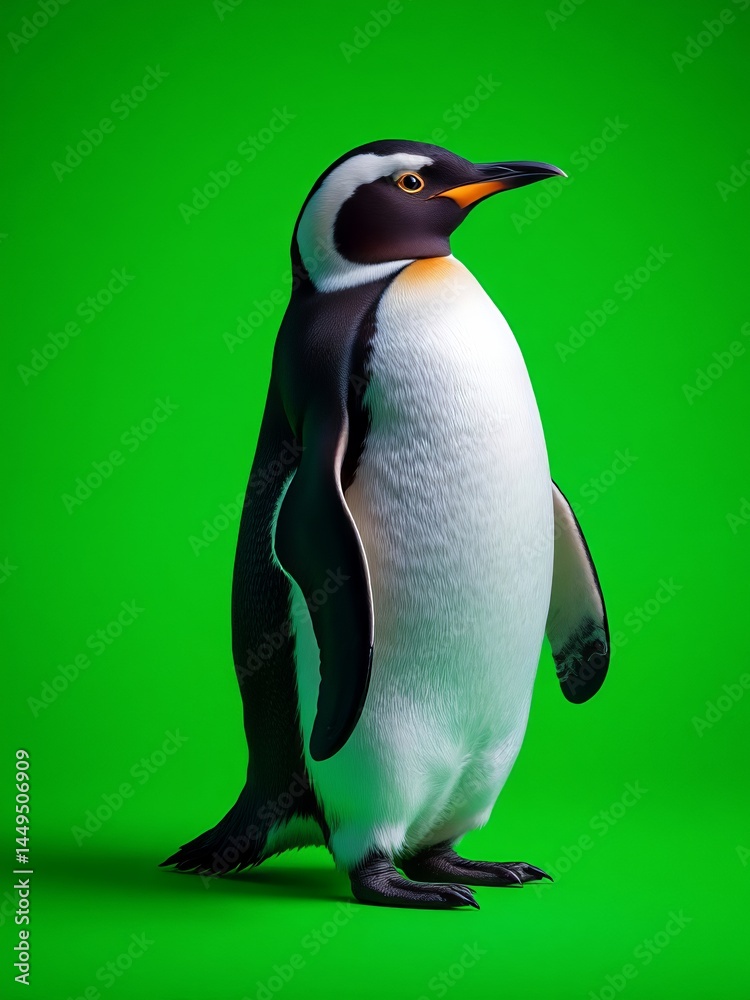 Fototapeta premium an image of a penguin standing on a green background, there is a penguin standing on a green background with a green background