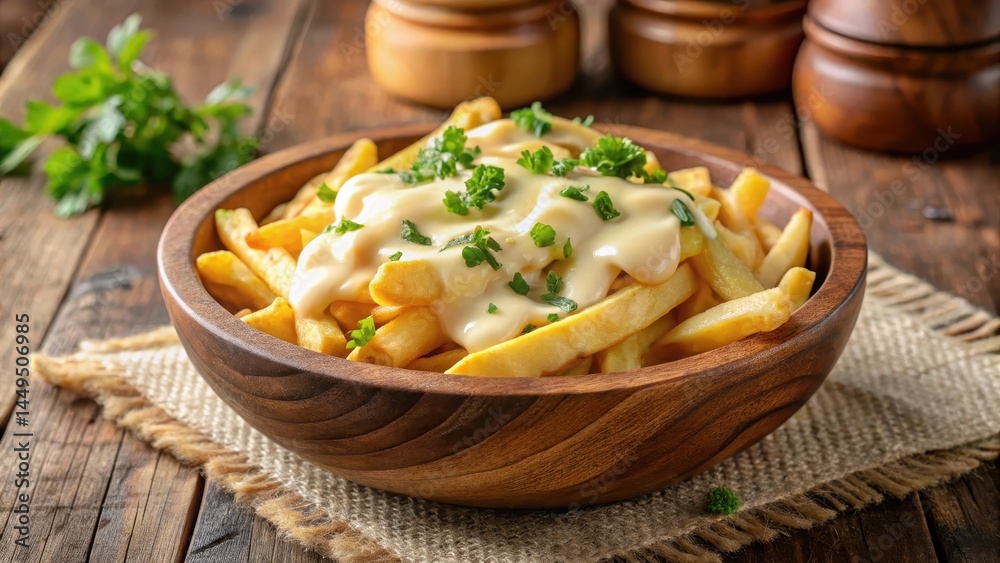 Crispy golden fries topped with a generous helping of creamy melted cheese sauce, served in a rustic wooden bowl Crispy golden fries topped with a generous helping of creamy melted cheese sauce, served in a rustic wooden bowl