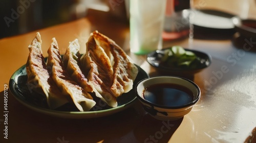 Scrumptious Pan-Fried Gyoza with Dipping Sauce. A Taste of Authentic Japanese Cuisine.